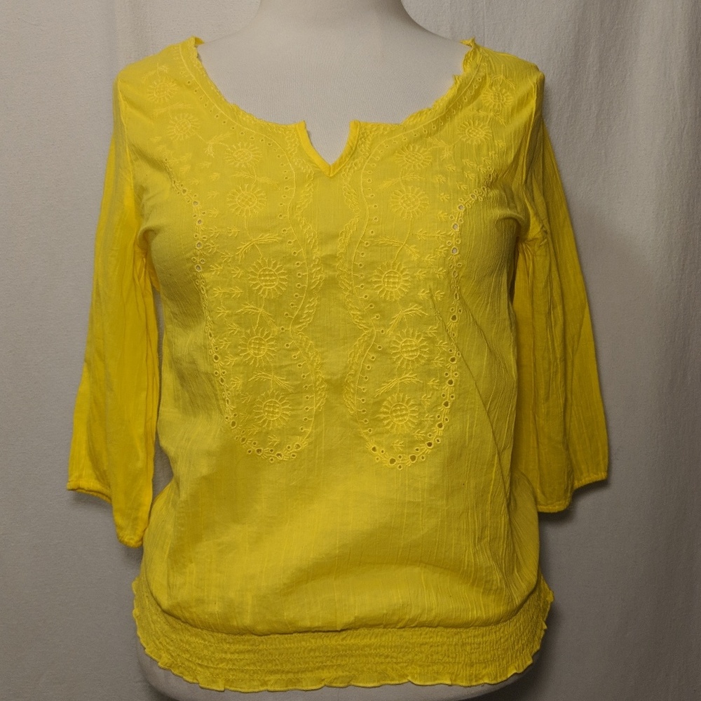 Old Navy Yellow Boho Embroidered Smocked Top